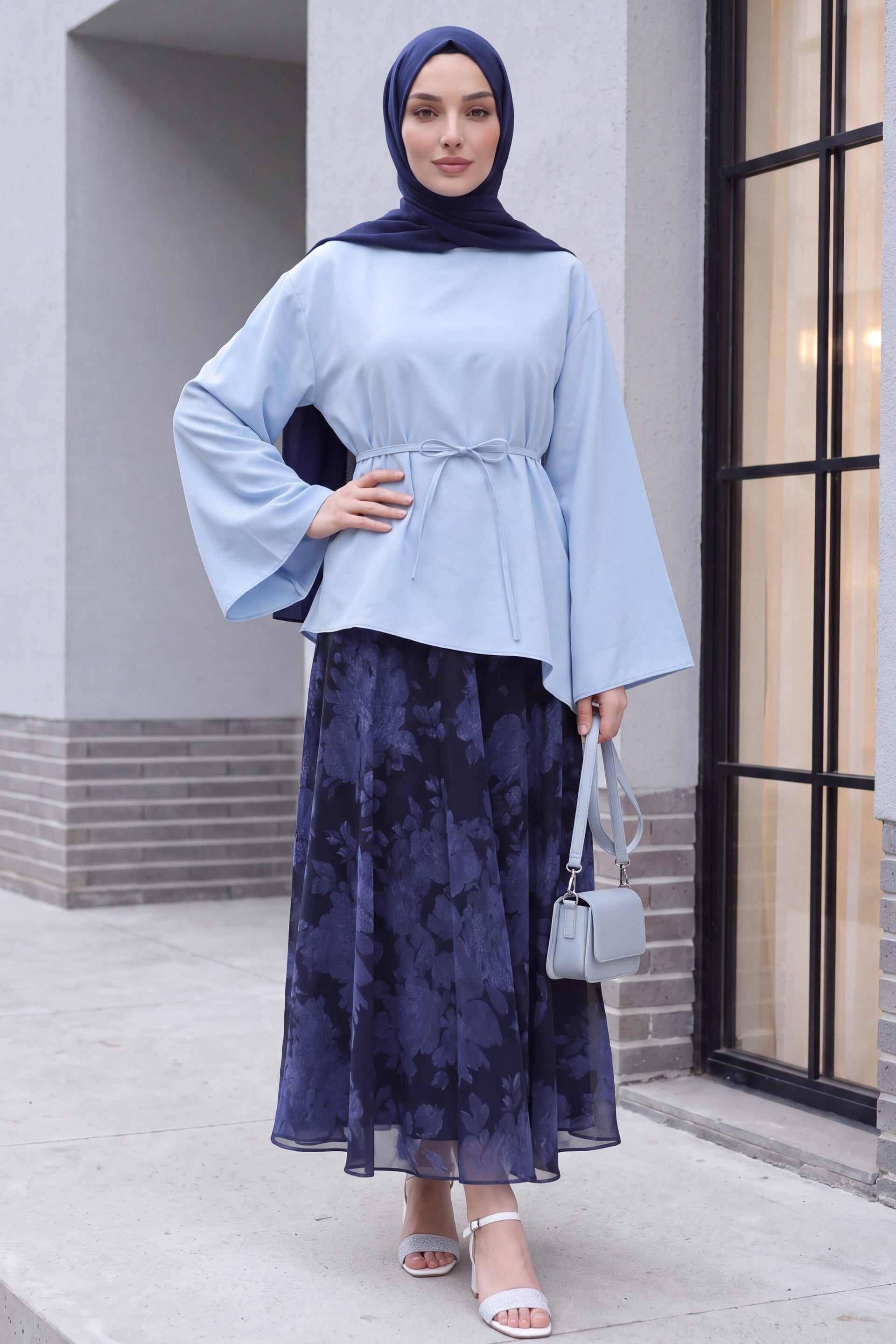 Asymmetric Cut Tie-Waist Oversize Modal Tunic - Baby Blue - Podyumplus - by Peralane - photo 4