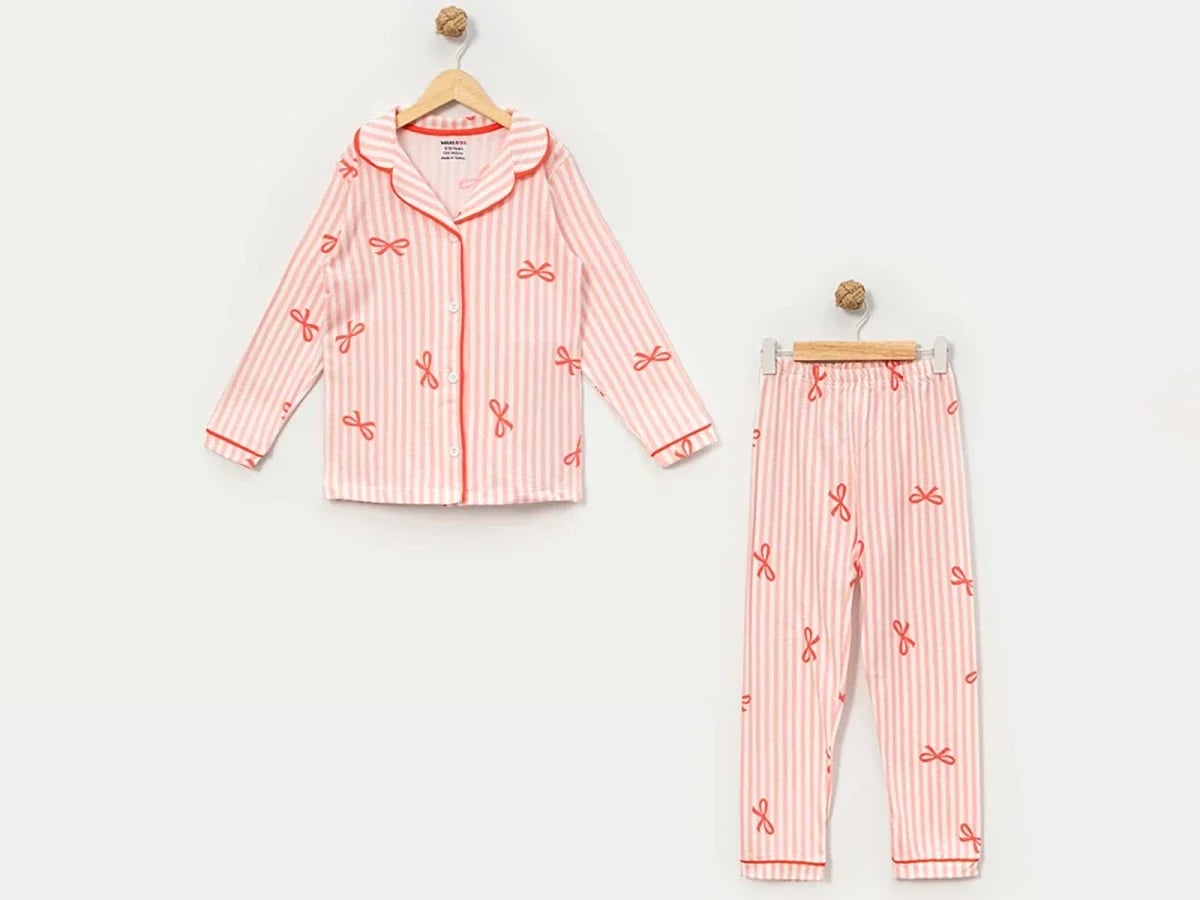 Girl's Long-Sleeve Pajama Set with Bow Print - Pink - Dolas - by Peralane