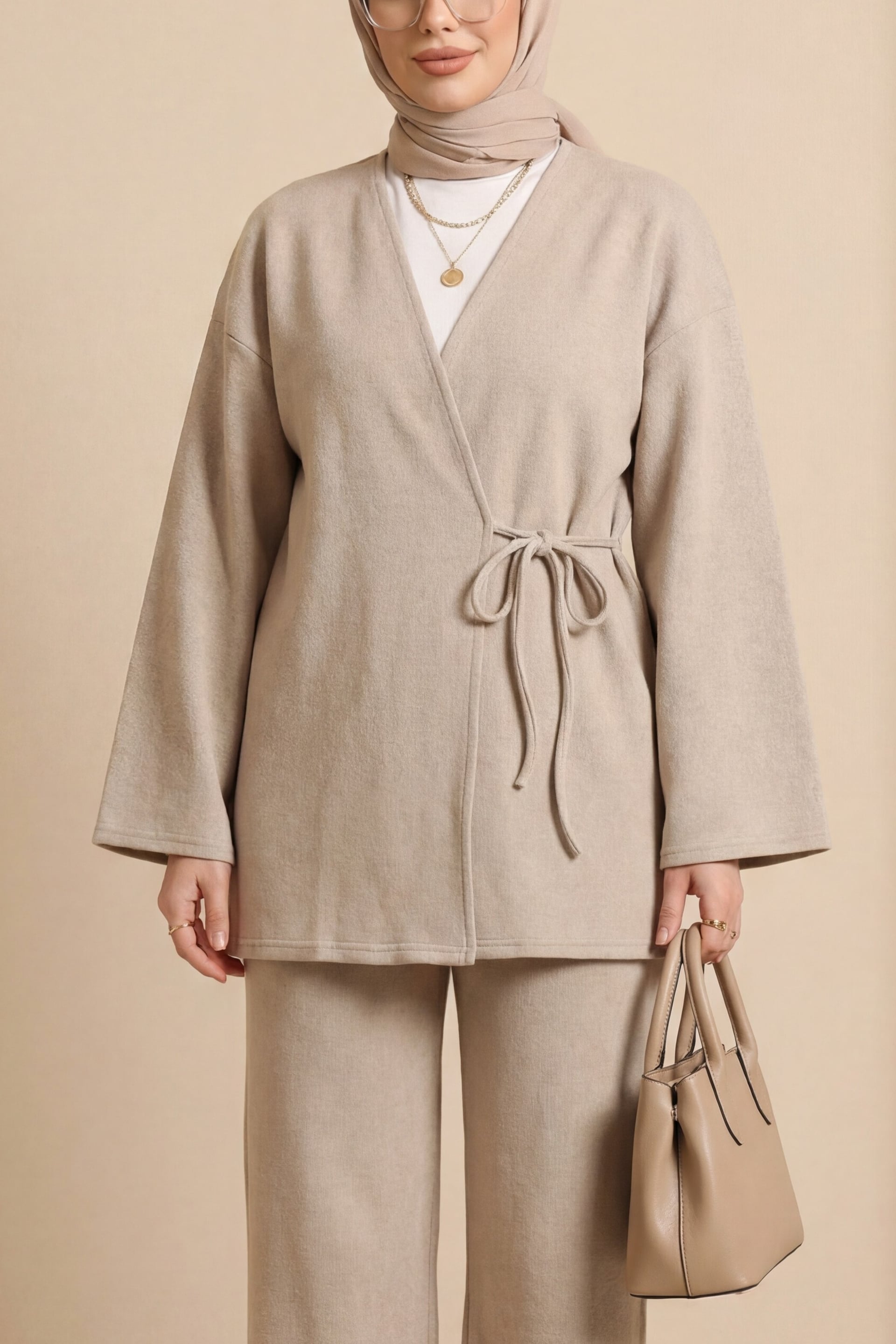 Beige Cross-Tie Selanik Kimono Set - Podyumplus - by Peralane - photo 2