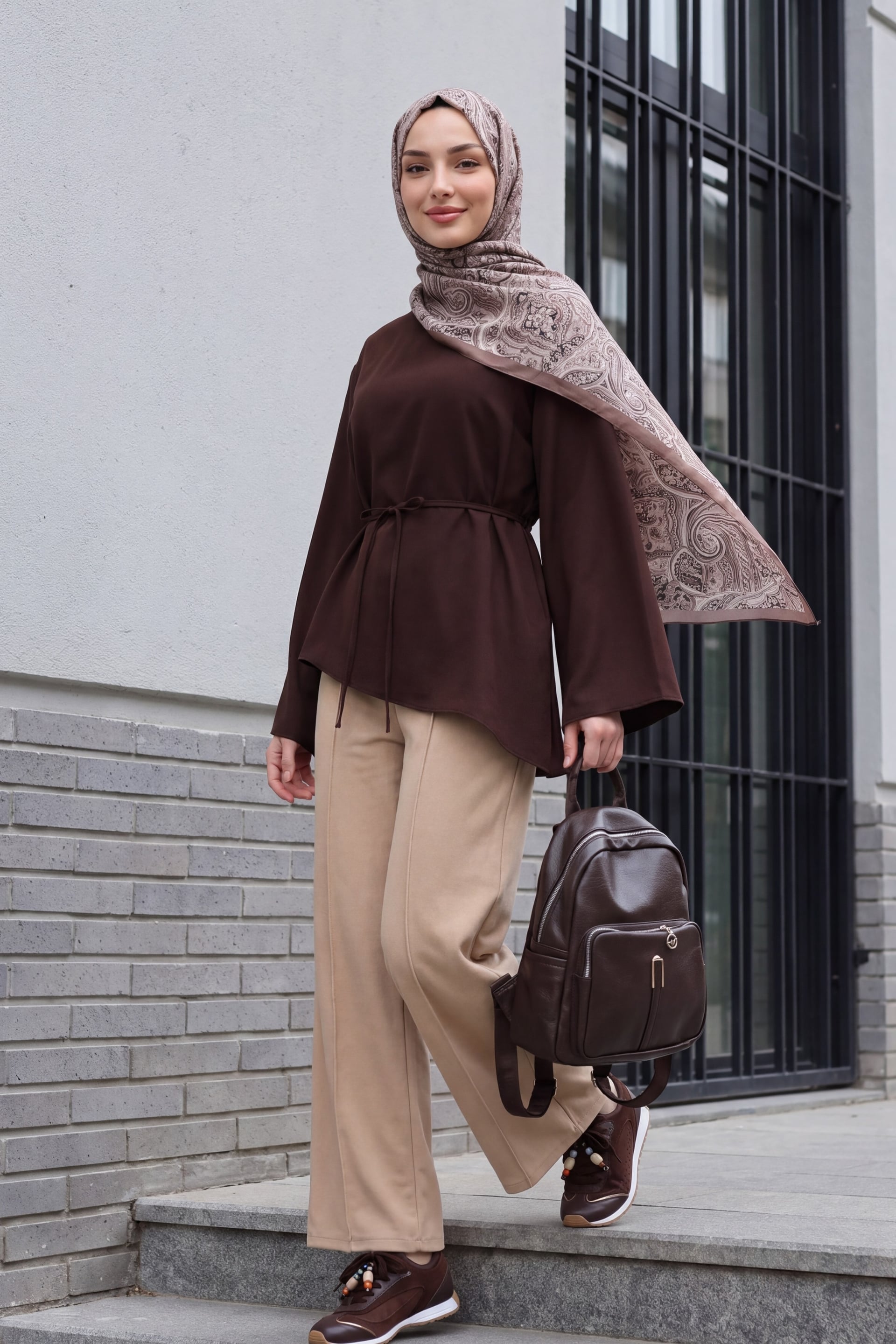 Wide-Leg Velvet Trousers with Drawstring Waist - Beige - Podyumplus - by Peralane - photo 6