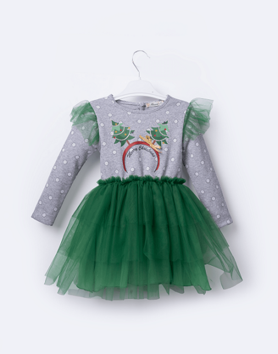 Girl's Dress with Christmas Print and Tulle Skirt 3-6 Years - Busra Bebe - by Peralane