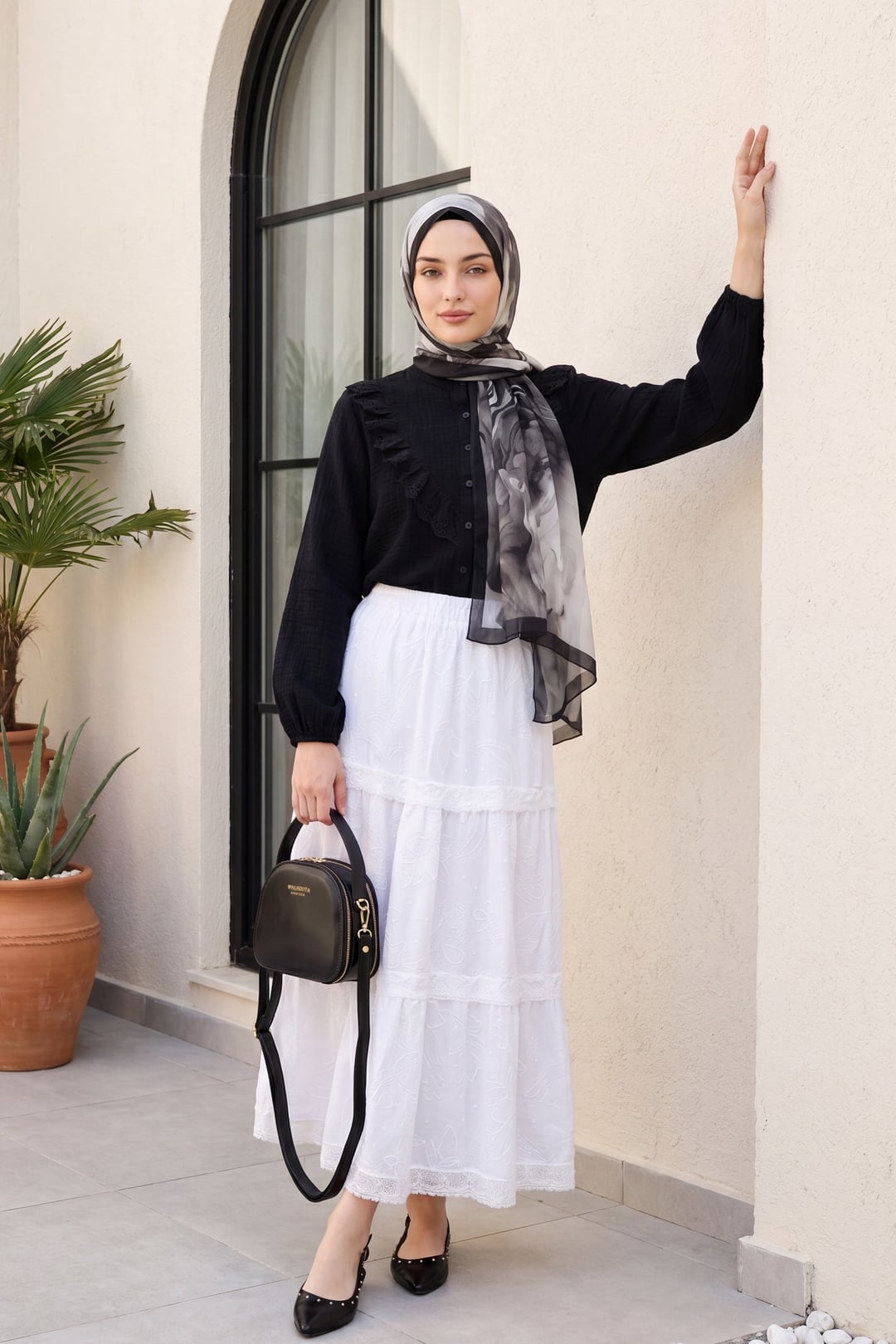Black Crepe Blouse with Lace Front Detail and Button Closure - Podyumplus - by Peralane - photo 2