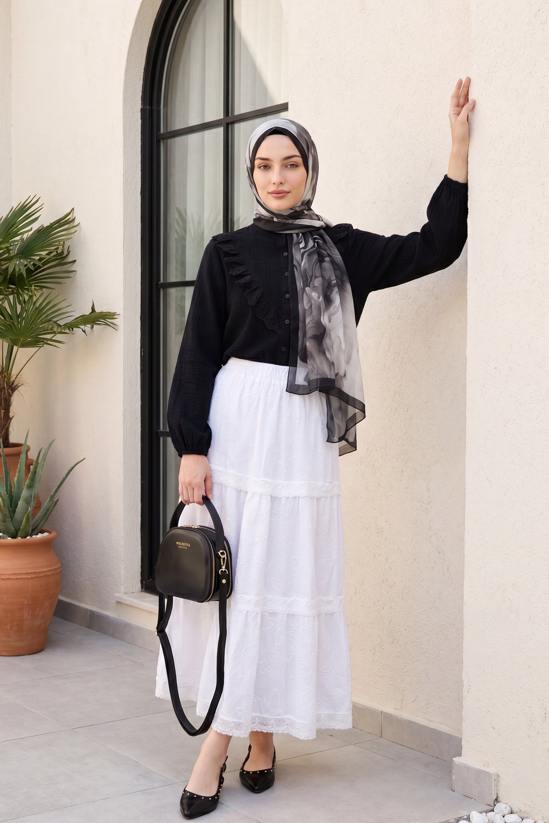 Black Crepe Blouse with Lace Front Detail and Button Closure - Podyumplus - by Peralane - photo 2