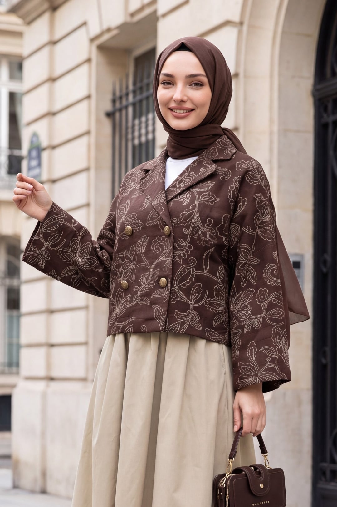 Shirt Collar Mixed Print Button Front Quilted Jacket - Brown - Podyumplus - by Peralane - photo 4