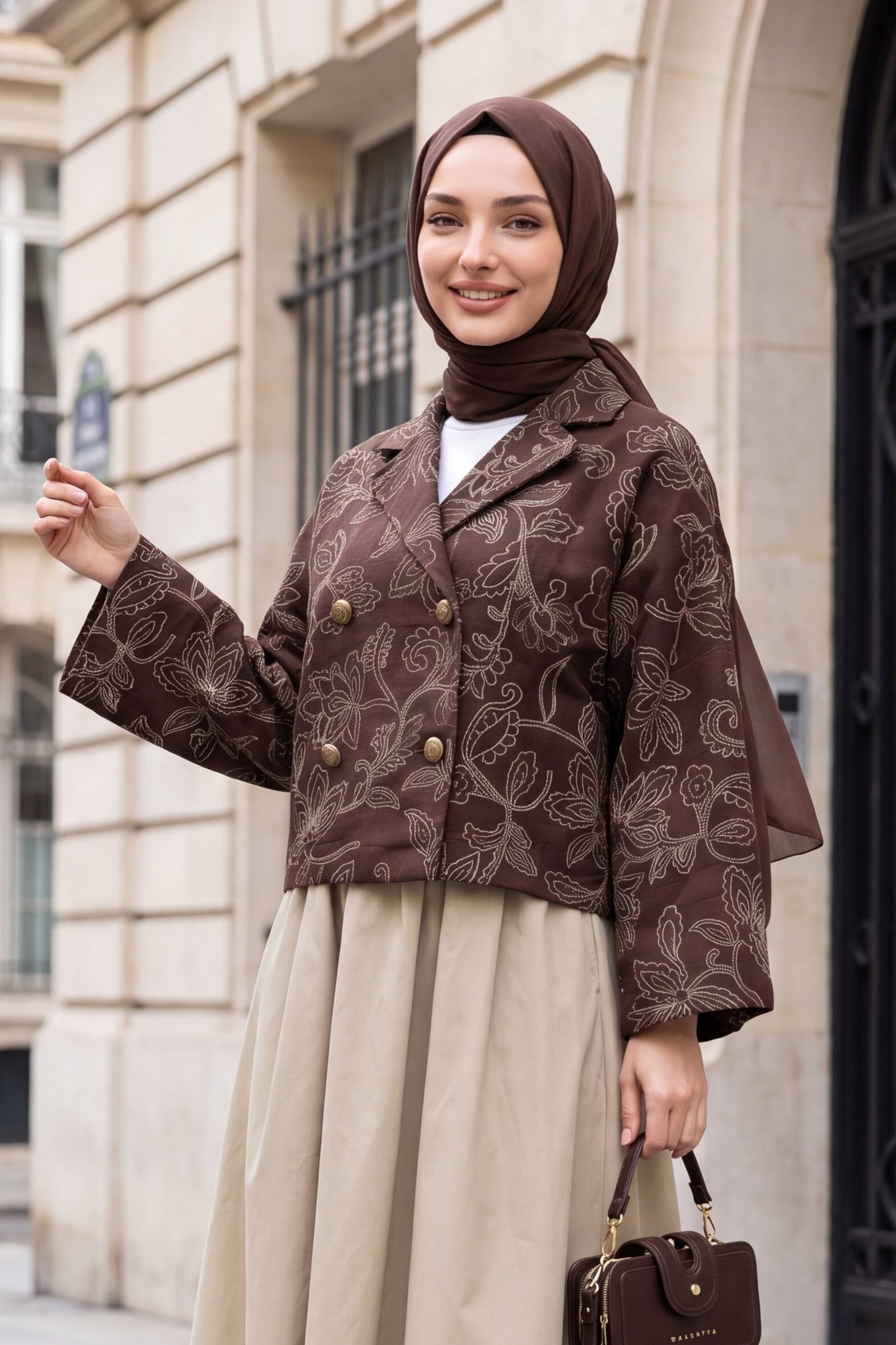 Shirt Collar Mixed Print Button Front Quilted Jacket - Brown - Podyumplus - by Peralane - photo 4