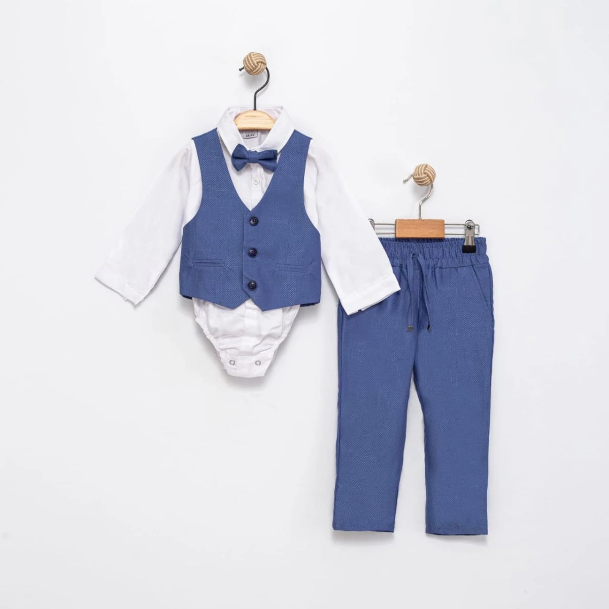 Baby Boy's Formal Suit Set with Shirt Bodysuit, Vest, Bow Tie and Trousers - Blue - Terry - by Peralane