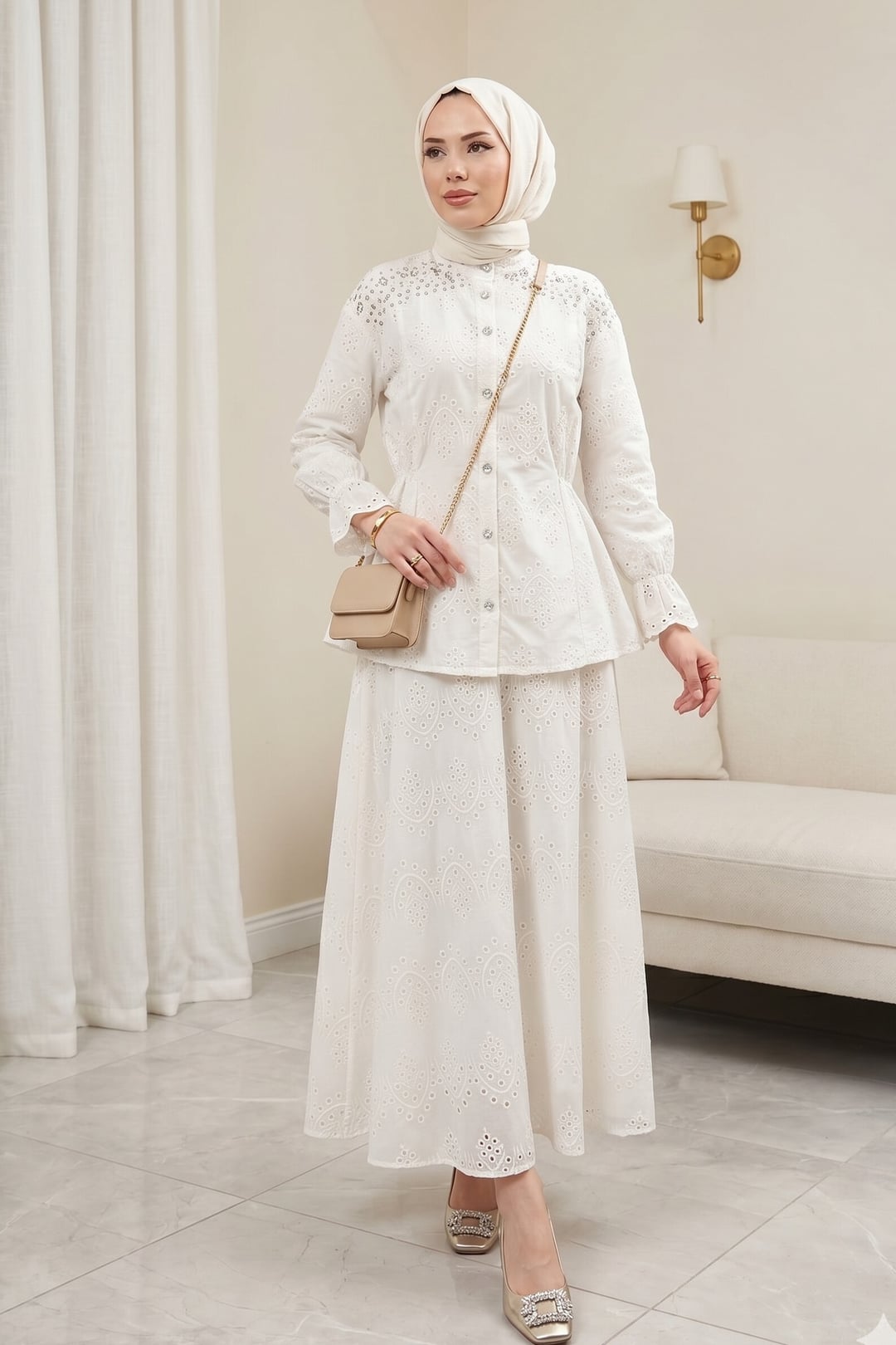 White Eyelet Modest Two-Piece Set with Blouse and Skirt - Podyumplus - by Peralane - photo 6