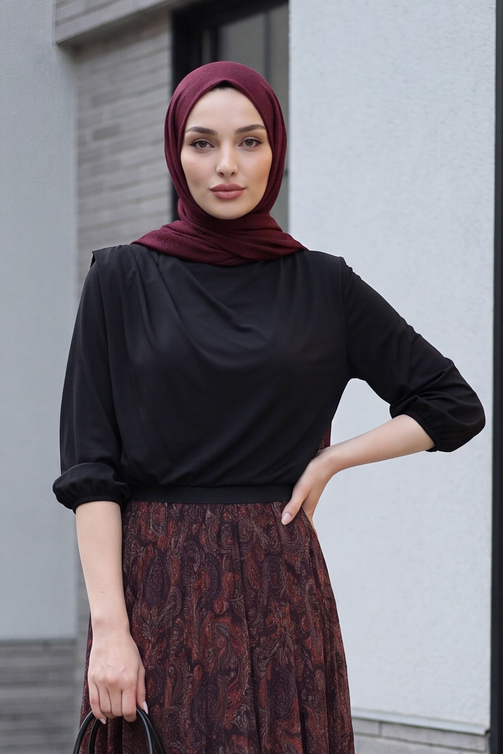 Black Long-Sleeved Modest Top with Draped Neckline and Paisley Midi Skirt Set - Podyumplus - by Peralane