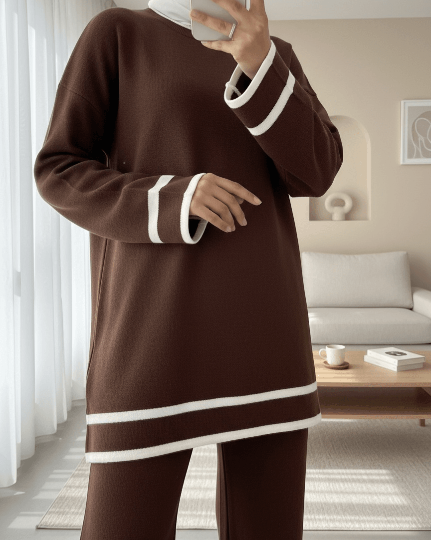 Two-Piece Brown Striped Knit Lounge Set with Tunic and Wide-Leg Trousers - Podyumplus - by Peralane