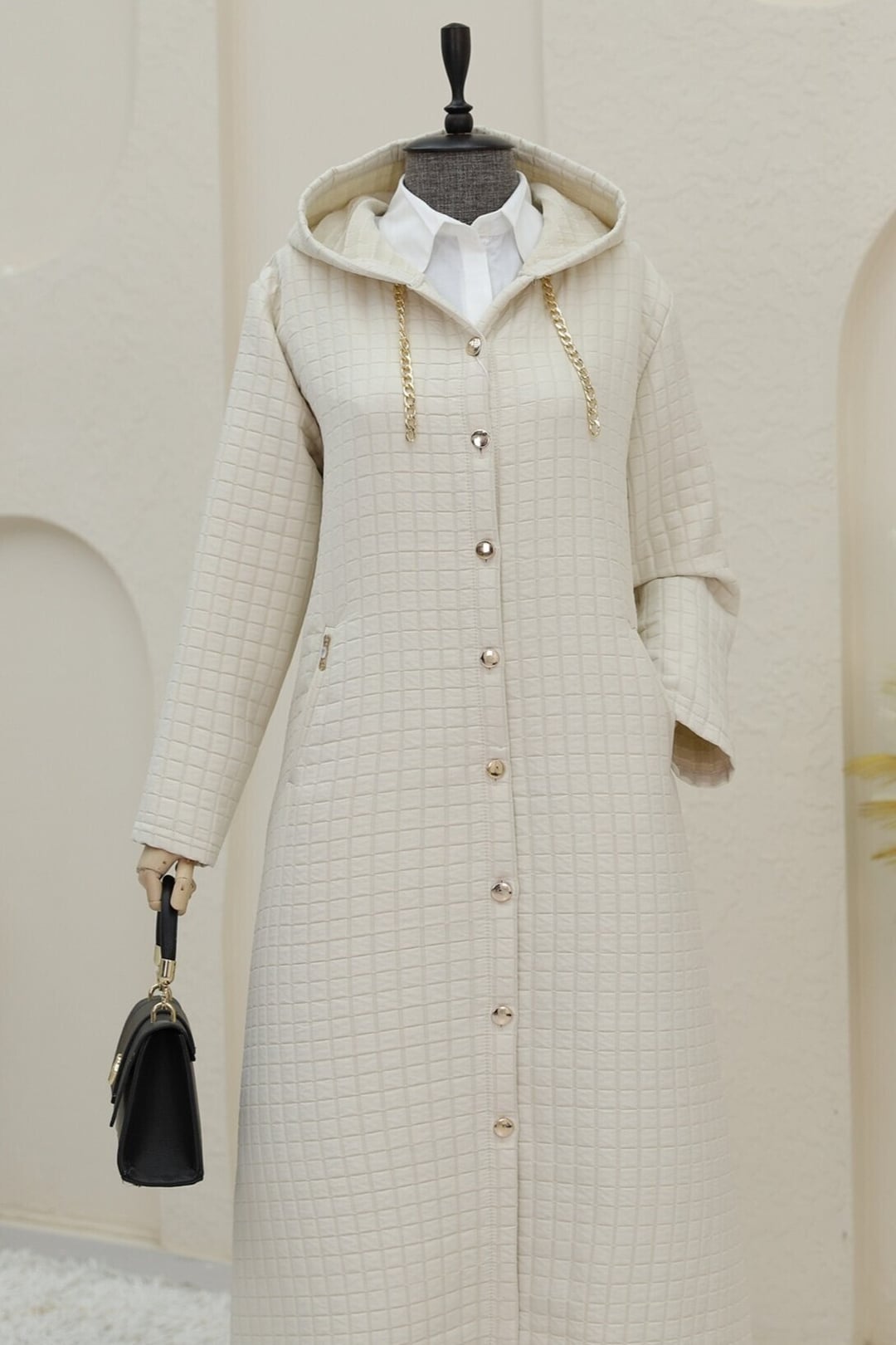 Chain Detail Long Quilted Coat - Stone - Podyumplus - by Peralane - photo 5