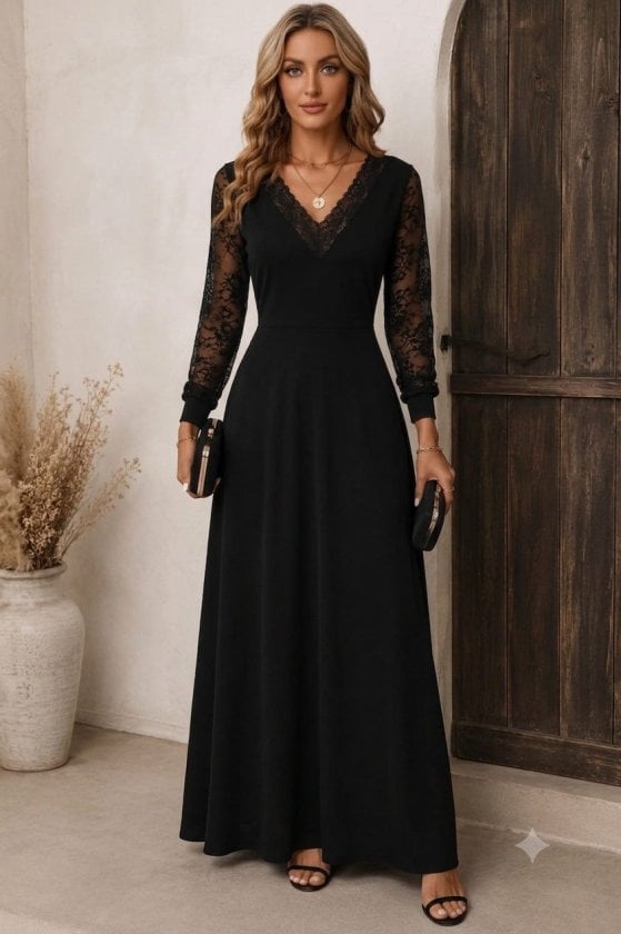 Women's Long-Sleeve V-Neck Lace Trim Long Crepe Dress - Janes - by Peralane