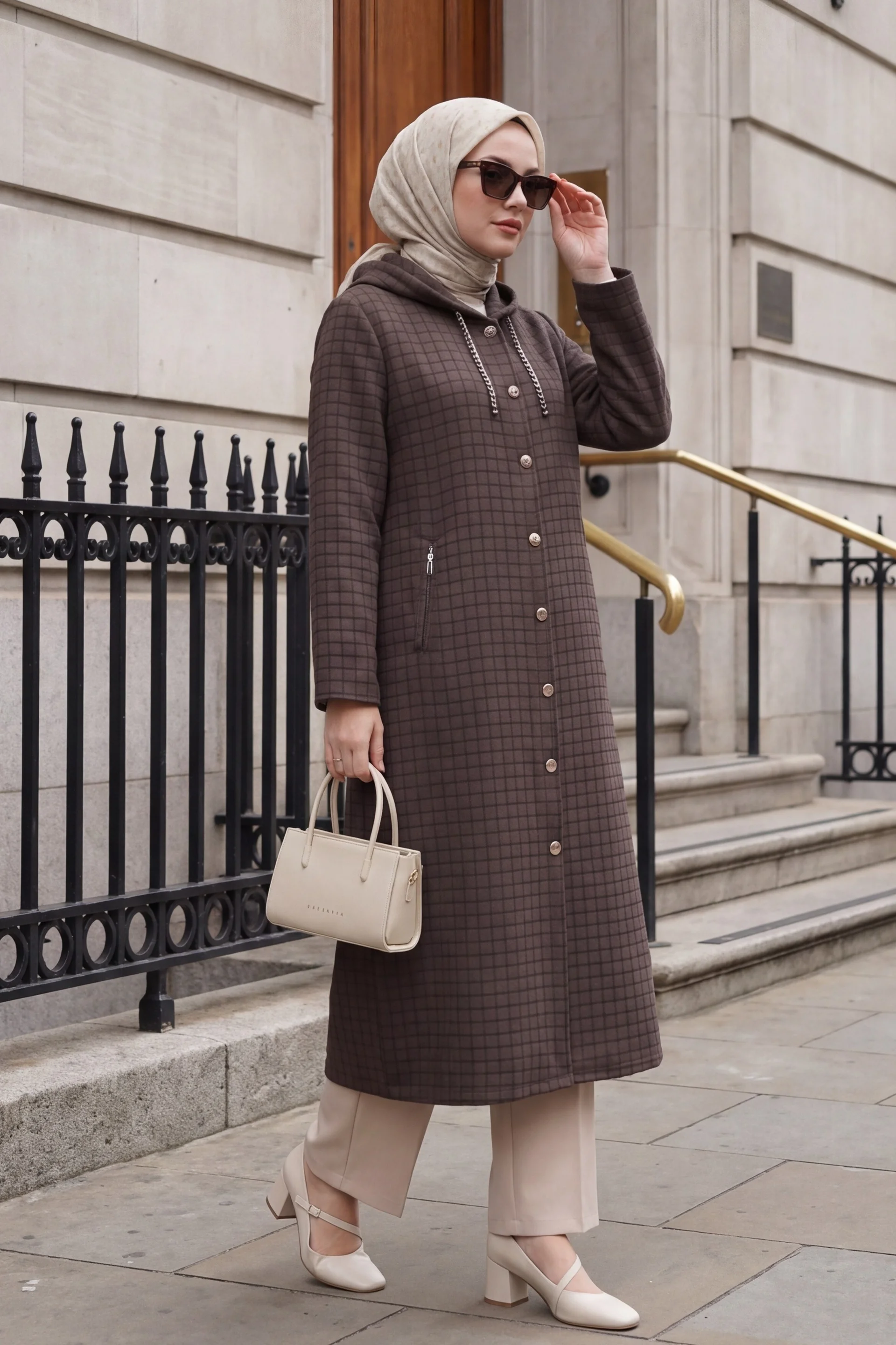 Long Quilted Coat with Chain Detail Hood - Brown - Podyumplus - by Peralane