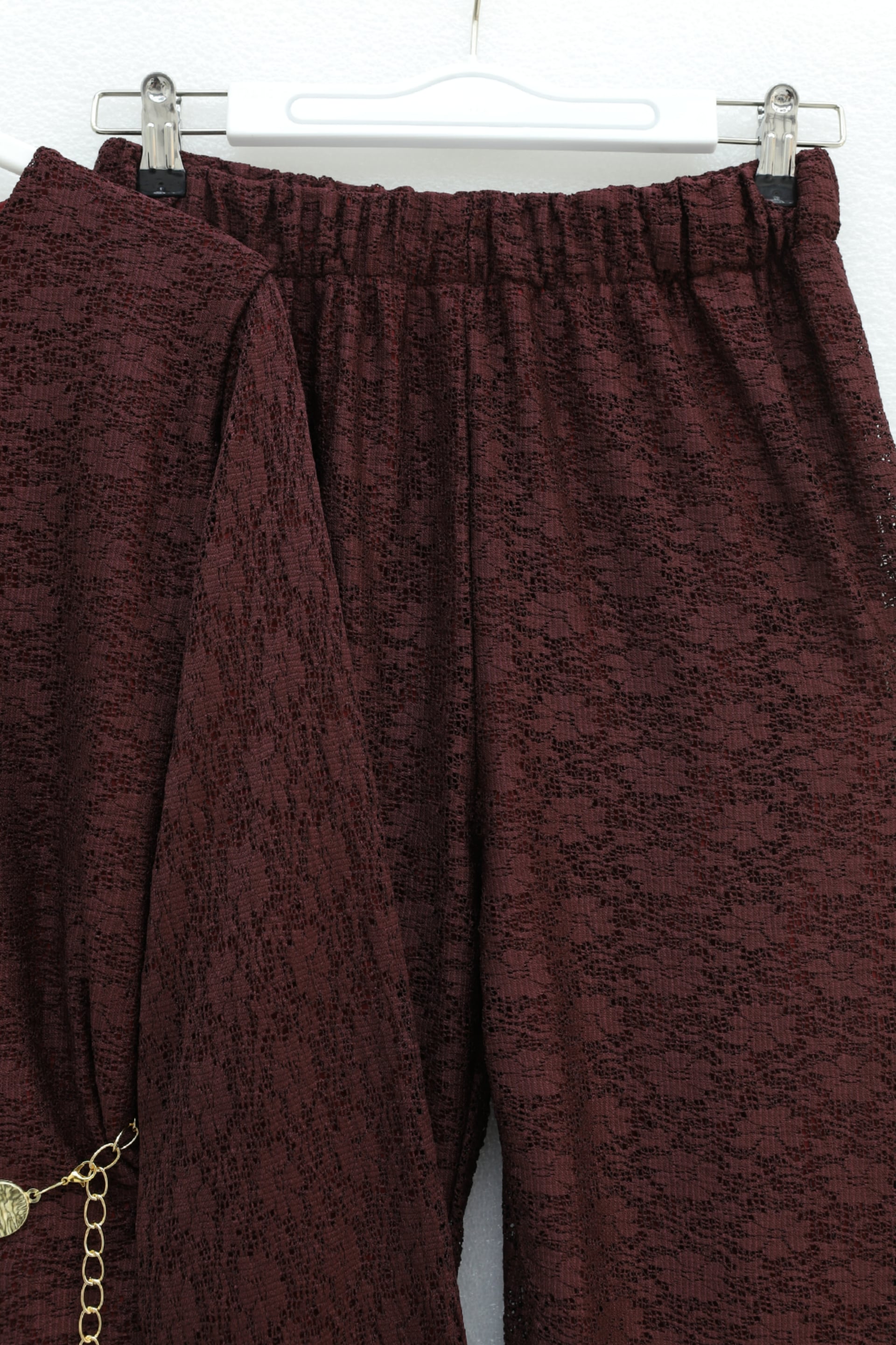 Round Neck Belted Lace Detail Lined Trousers Set - Burgundy - Podyumplus - by Peralane - photo 7