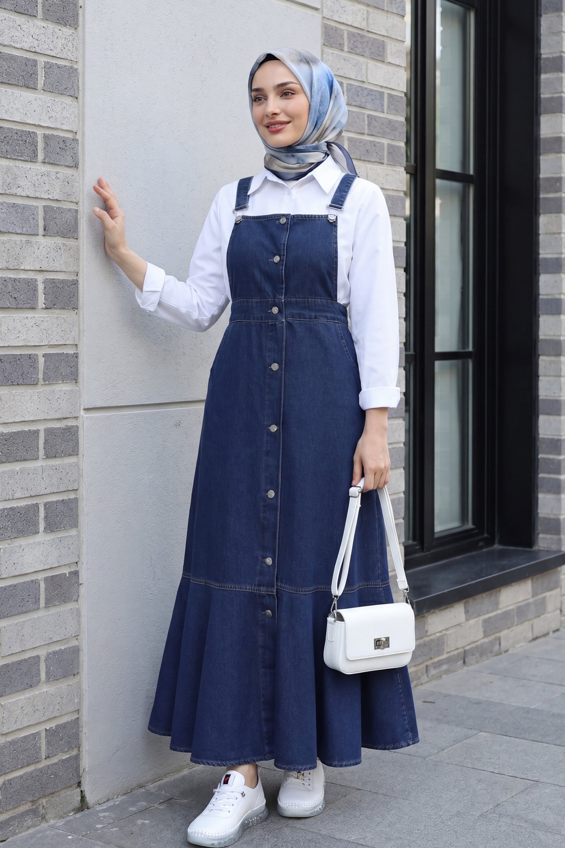Button-Front Denim Pinafore Dress with Ruffled Hem - Dark Blue - Podyumplus - by Peralane