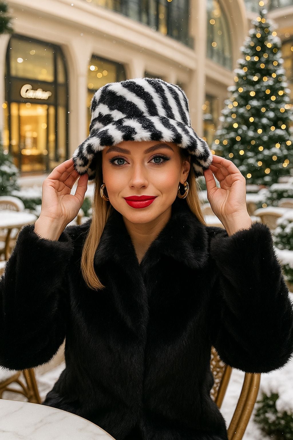 Zebra Pattern Faux Fur Bucket Hat in Black and White - Nesvay - by Peralane - photo 2