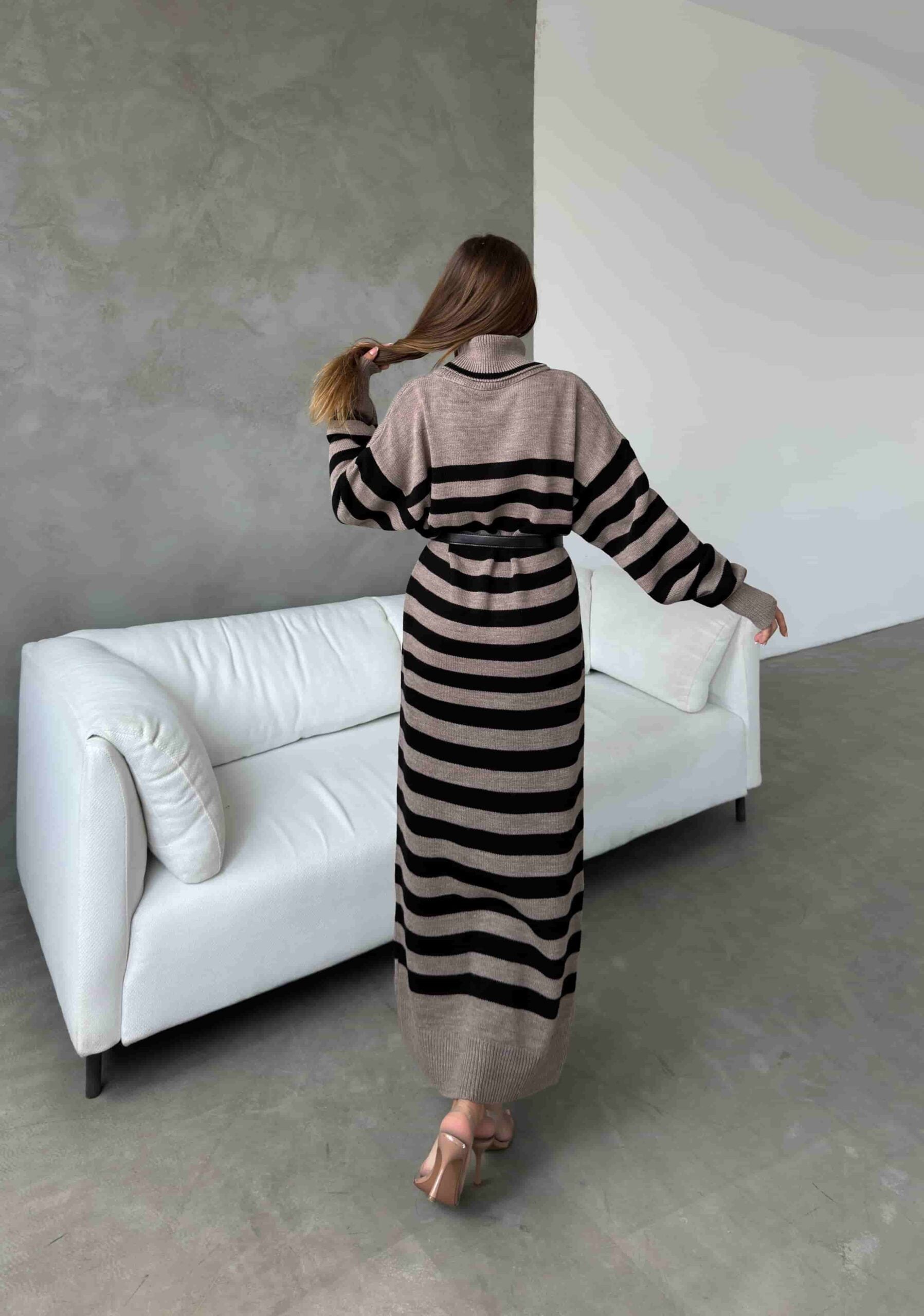 Long-Sleeved Turtleneck Knit Dress with Belt - Brown and Black Stripes - My Bee - by Peralane - photo 4