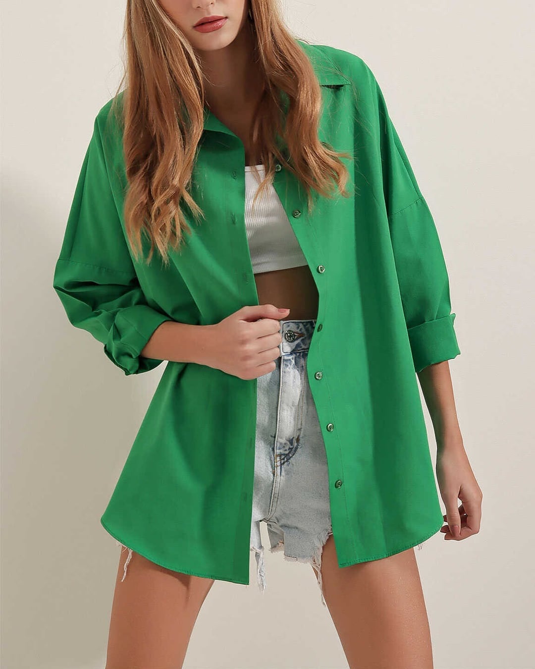 Oversize Long Basic Shirt - Green - Bigdart - by Peralane - photo 5