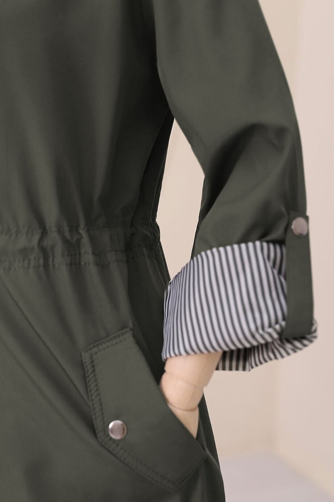 Women's Hooded Trench Coat with Striped Lining - Olive - Podyumplus - by Peralane - photo 9