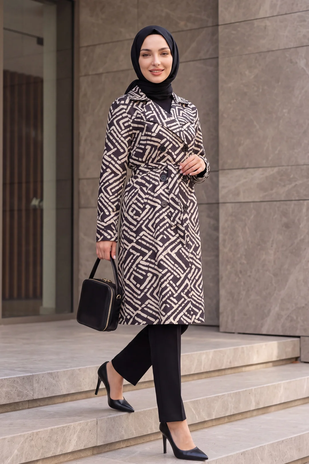 Double-Breasted Trench Coat with Abstract Geometric Print - Black - Wholeskop - by Peralane - photo 5