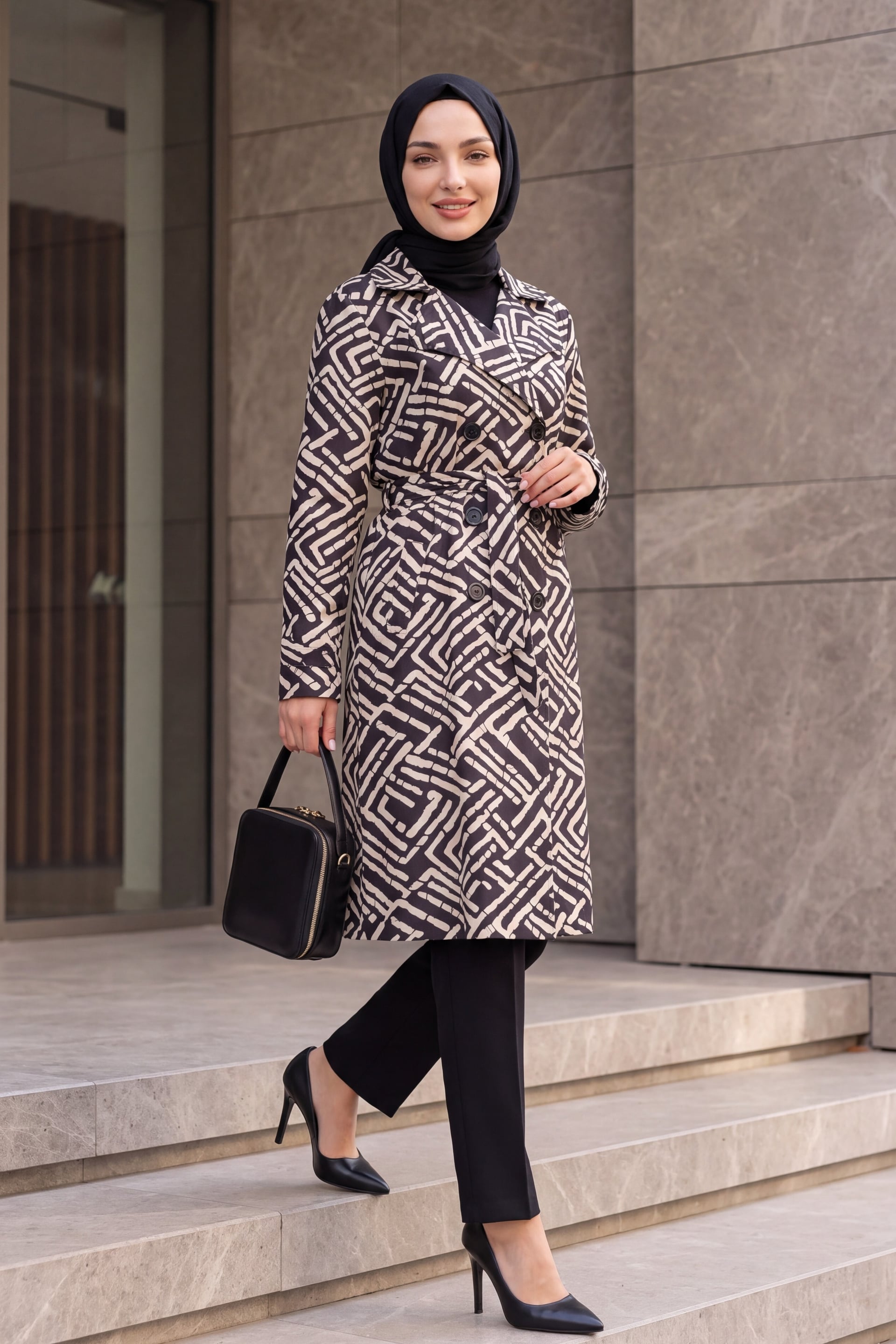 Black and Cream Abstract Print Double-Breasted Belted Trench Coat - Bigdart - by Peralane - photo 5