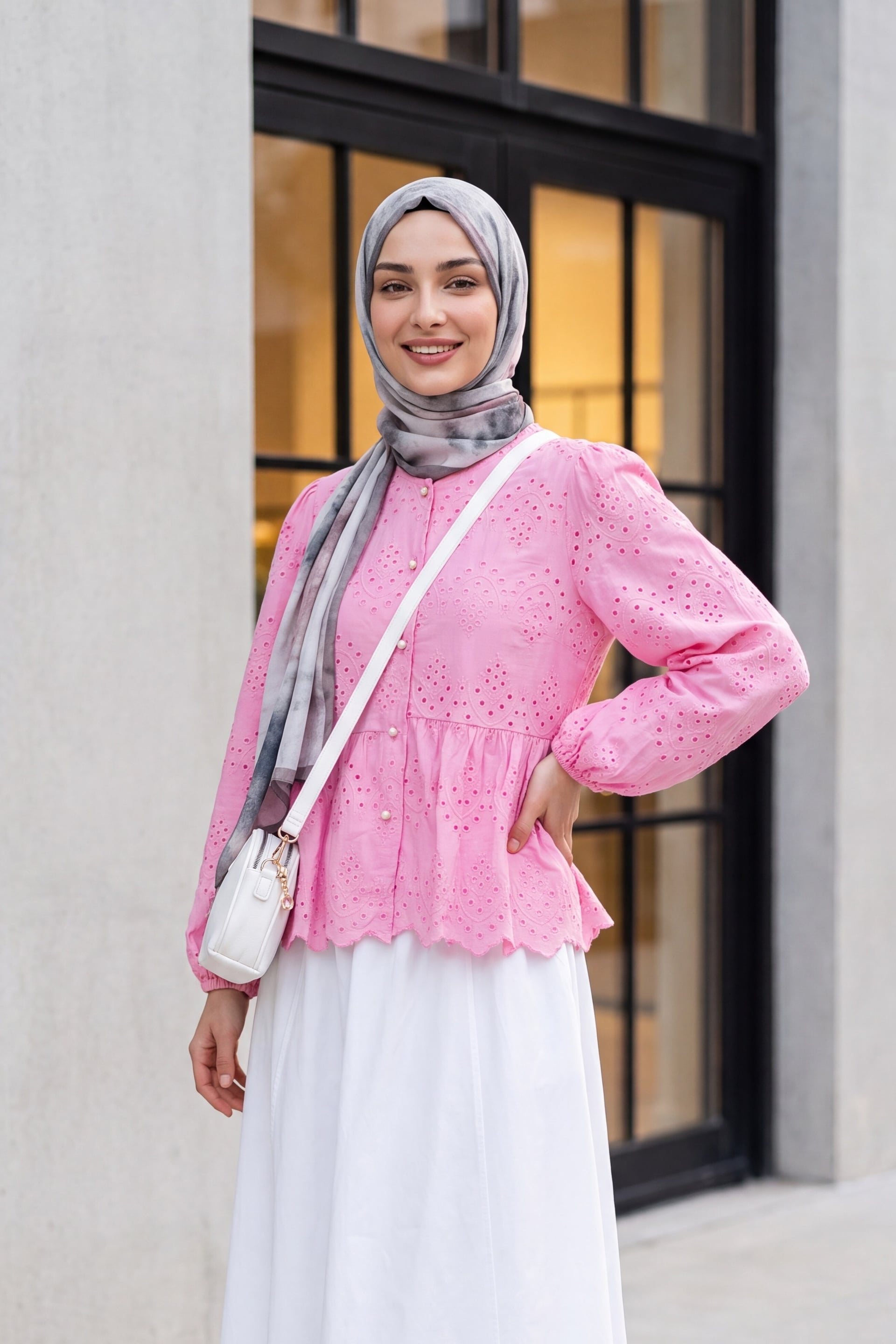 Pink Eyelet Pearl Button Blouse with Long Puff Sleeves - Podyumplus - by Peralane - photo 2