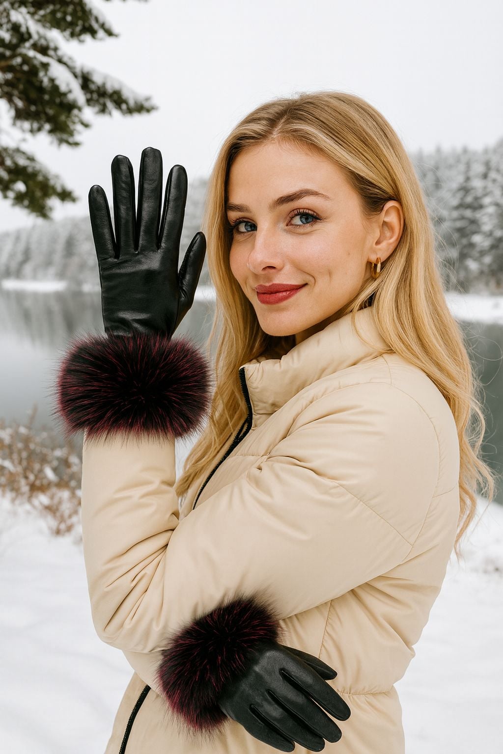 Bordeaux Leather Gloves with Faux Fur Trim - Nesvay - by Peralane