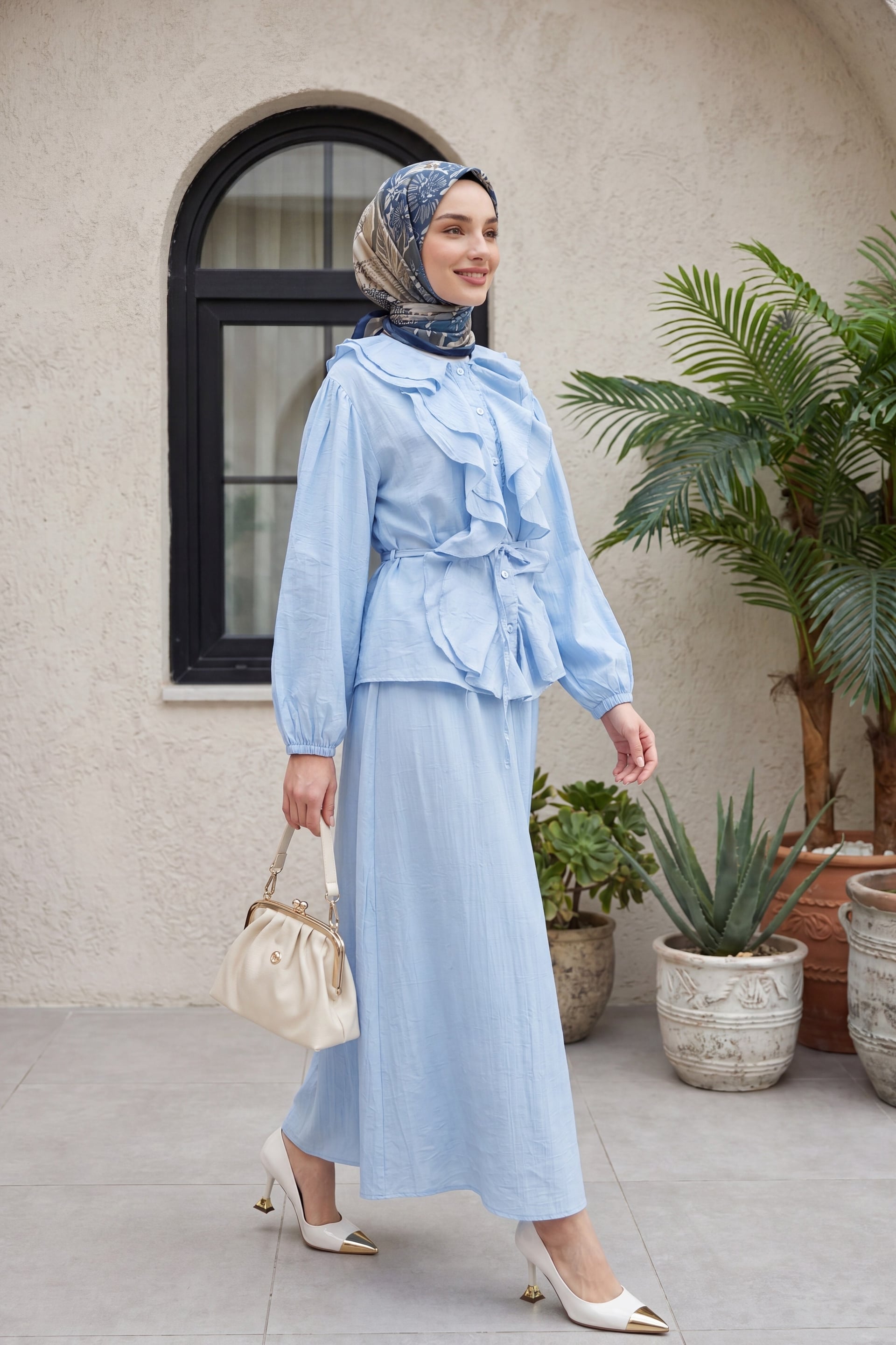 Ruffle Front Long-Sleeve Blouse and Maxi Skirt Co-ord Set in Baby Blue - Podyumplus - by Peralane - photo 3