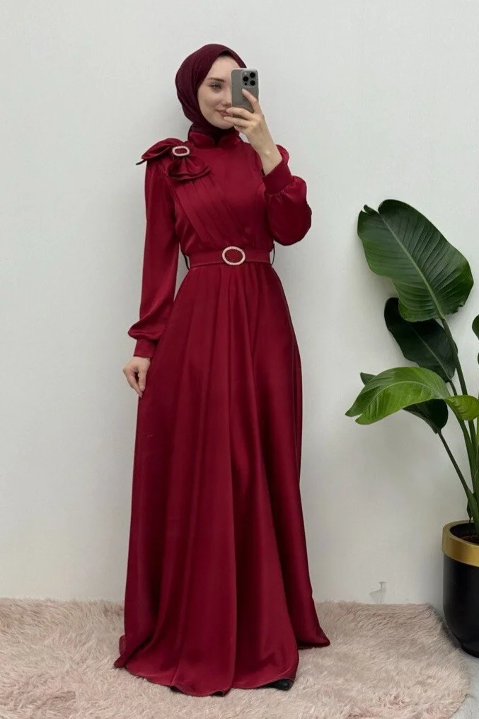 Burgundy Satin Evening Dress with Bow and Belt for Women - Podyumplus - by Peralane - photo 3