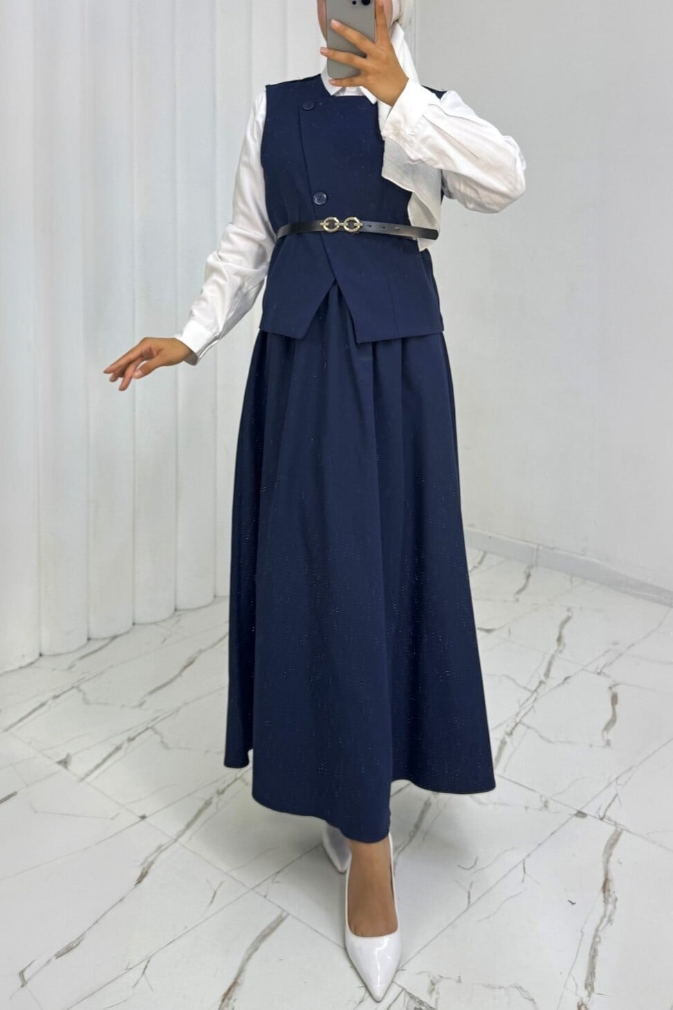 Cross Button Belted Vest and Skirt Set - Navy - Podyumplus - by Peralane