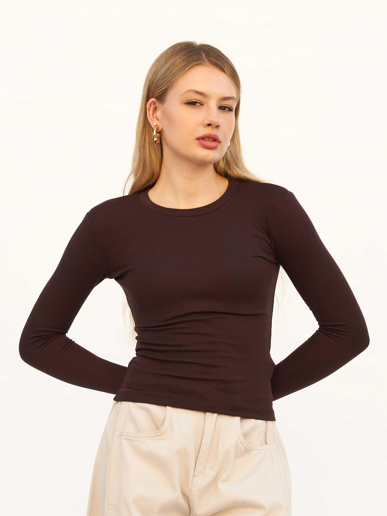 Women's Long-Sleeved Ribbed Knit T-Shirt with Thumbholes - Dark Brown - Lefon - by Peralane - photo 6