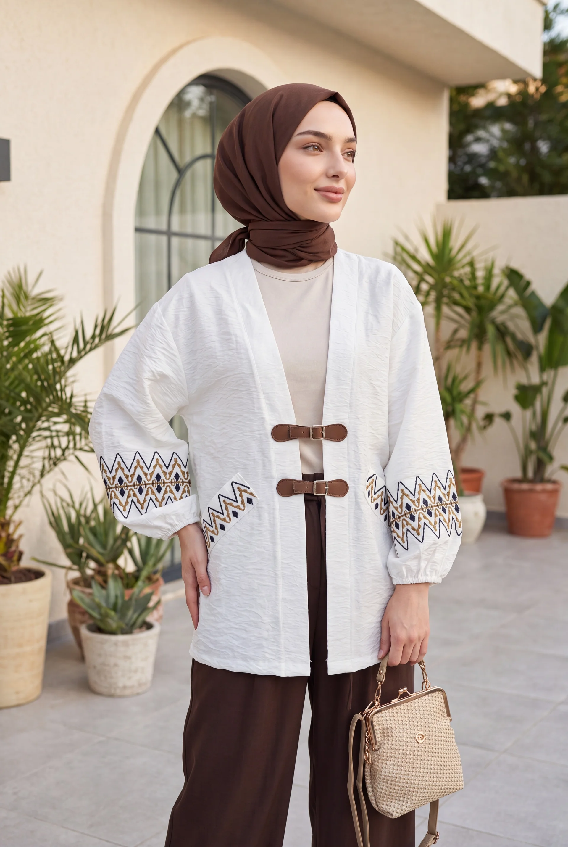 Embroidered Sleeve, Elastic Cuff, Belt Detail Linen Kimono - White - Podyumplus - by Peralane - photo 2