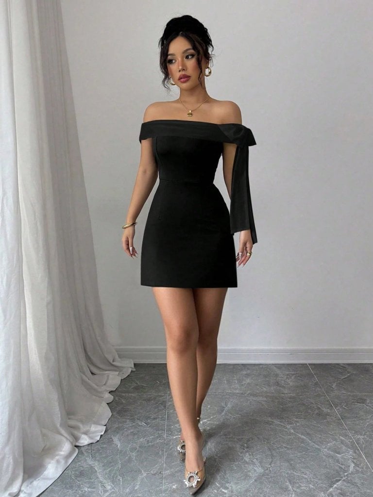 Women's Black Off-Shoulder Bow Detail Short Crepe Dress - Janes - by Peralane - photo 2