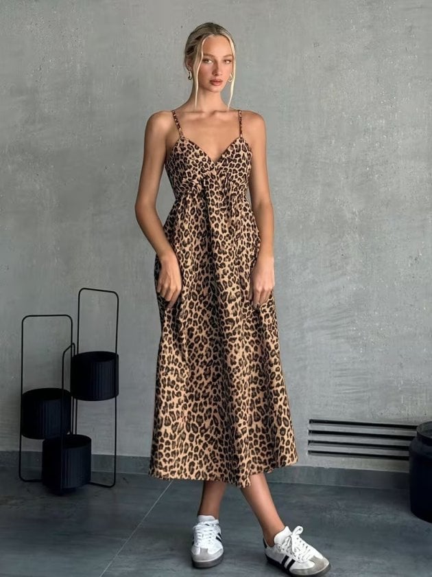 Women's Spaghetti Strap V-Neck Leopard Print Midi Dress - Janes - by Peralane - photo 5