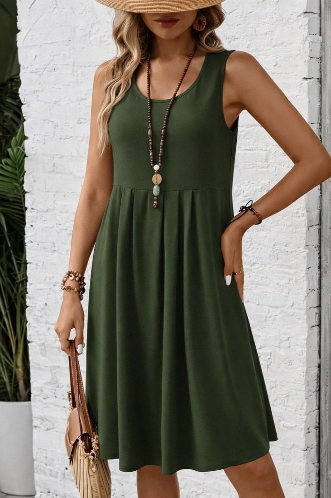 Women's Sleeveless Round Neck Pleated A-Line Dress in Olive Green - Janes - by Peralane - photo 2