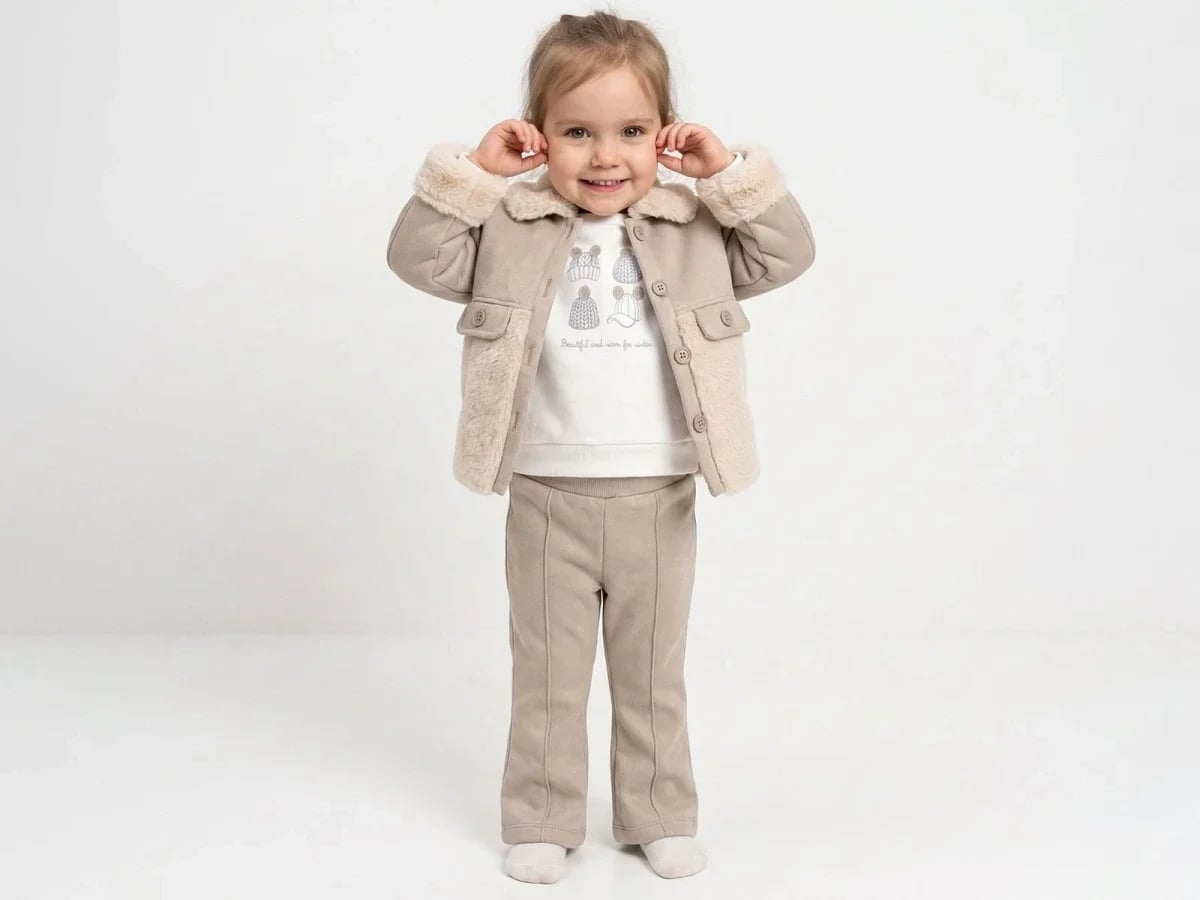 Beige Faux Fur Jacket and Trousers 3-Piece Baby Girl Set - Bebly - by Peralane