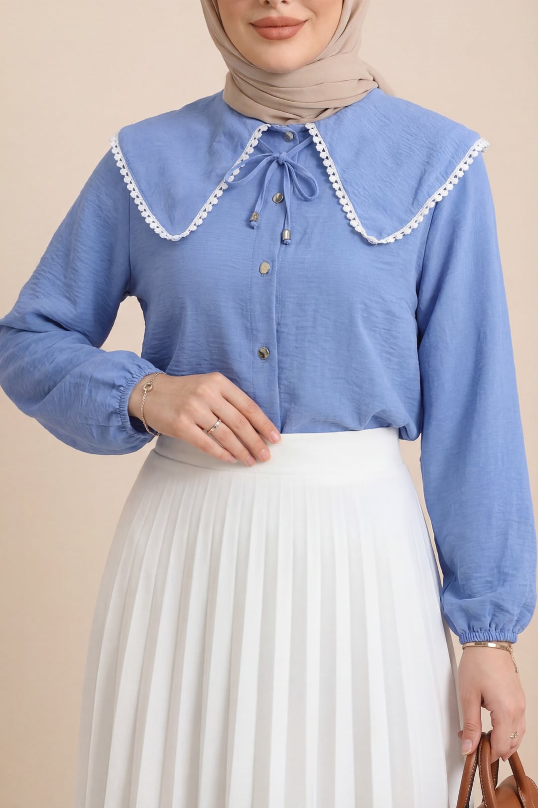 Baby Collar Lace Trim Long Sleeve Shirt - Blue - Podyumplus - by Peralane - photo 4