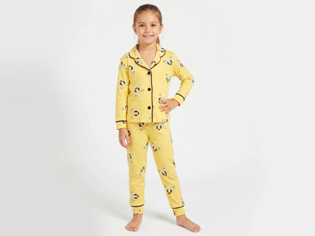 Yellow Bird Print Collared Girl's Pajama Set - Dolas - by Peralane