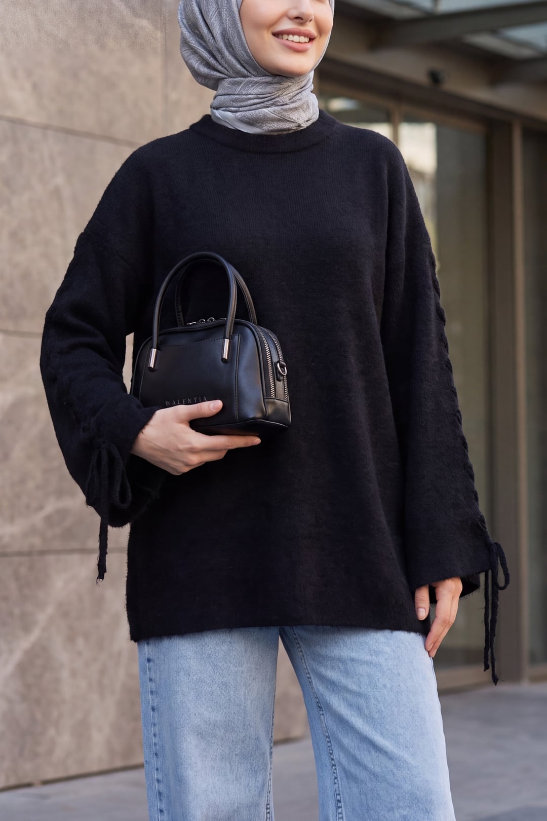 Women's Black Crew Neck Braided Sleeve Textured Knit Tunic - Podyumplus - by Peralane
