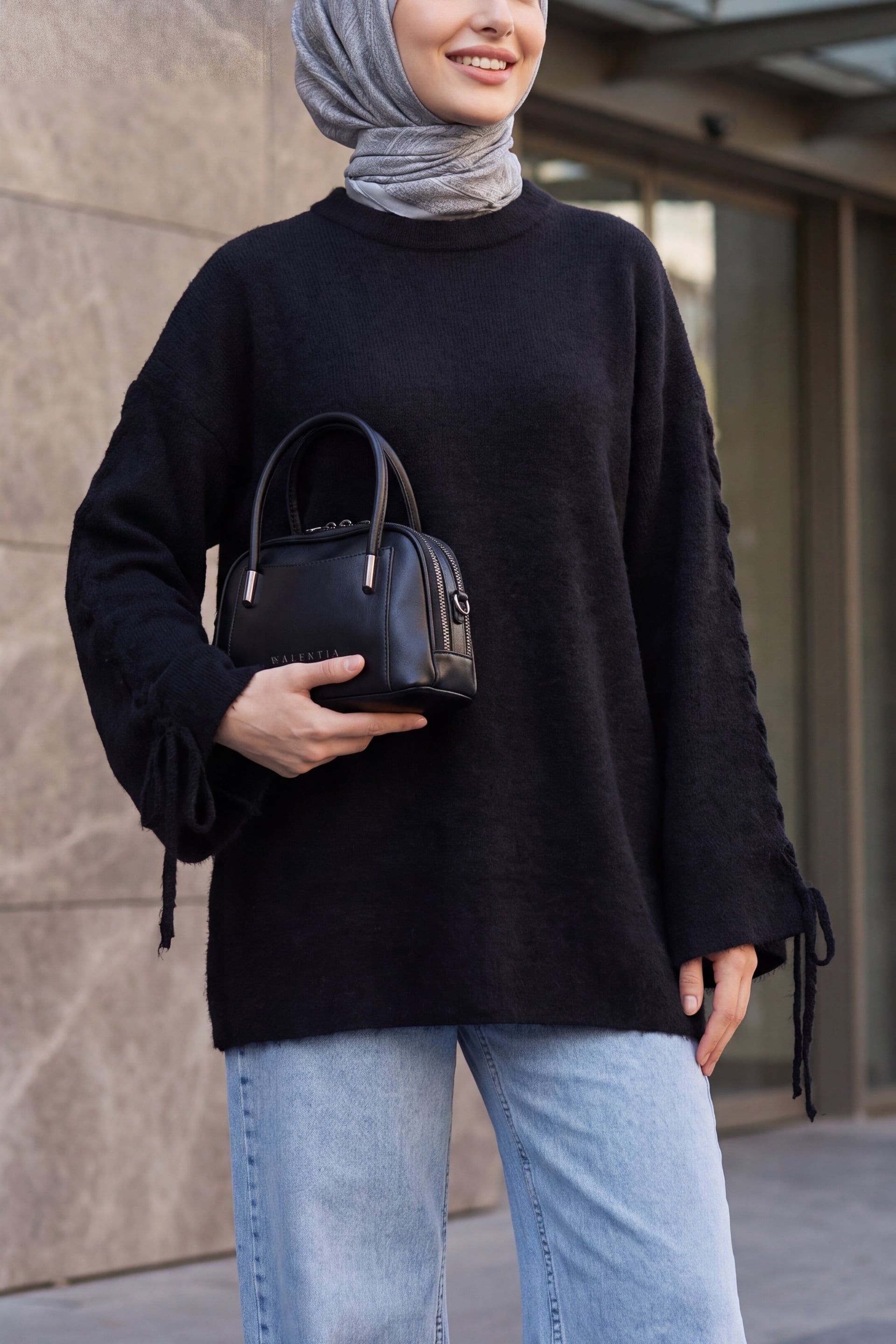Women's Black Crew Neck Braided Sleeve Textured Knit Tunic - Podyumplus - by Peralane