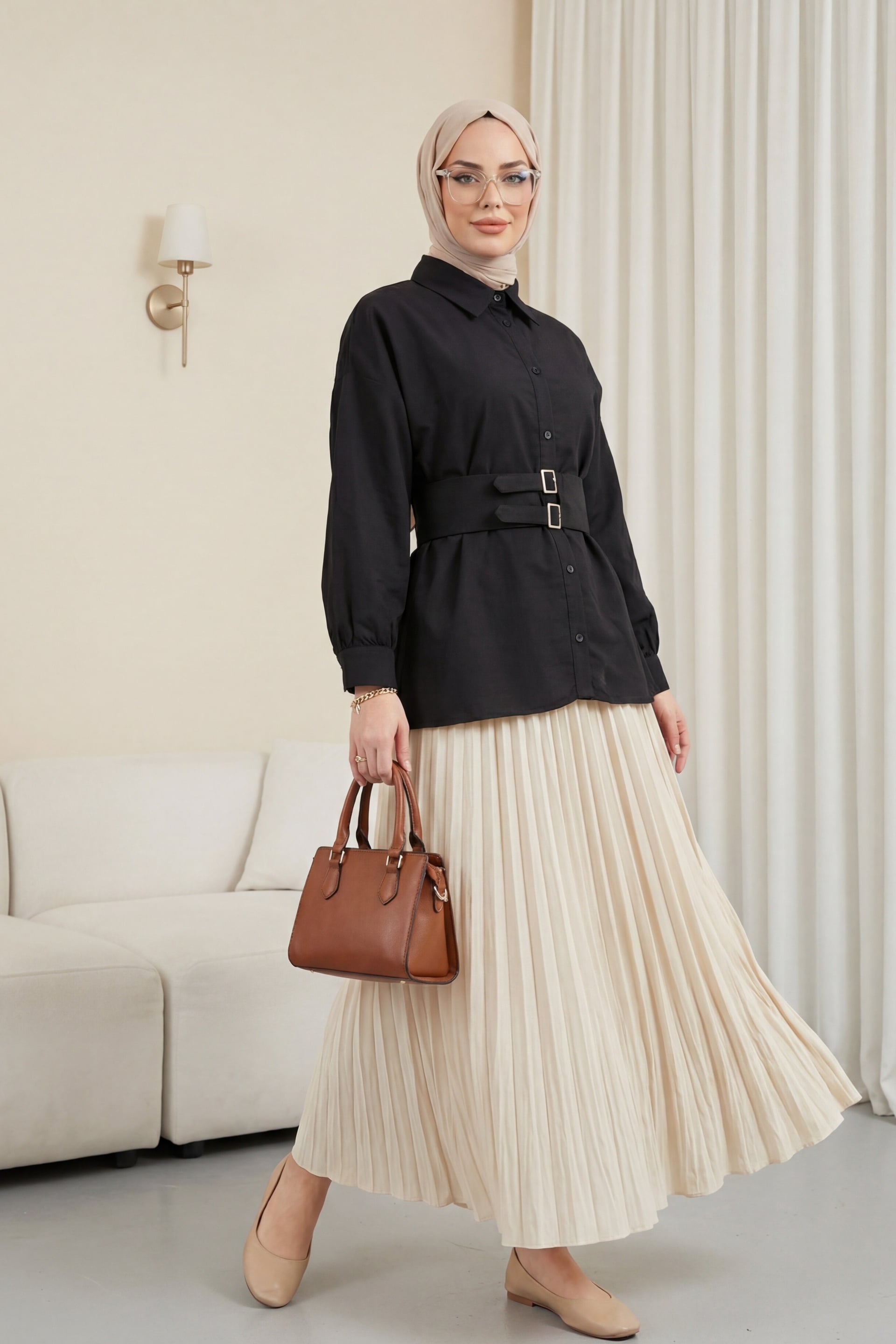 Black Double-Buckle Belted Button-Front Blouse - Podyumplus - by Peralane - photo 3