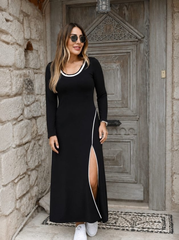 Women's Long Sleeve Round Neck Slit Dress in Black with White Piping - Janes - by Peralane