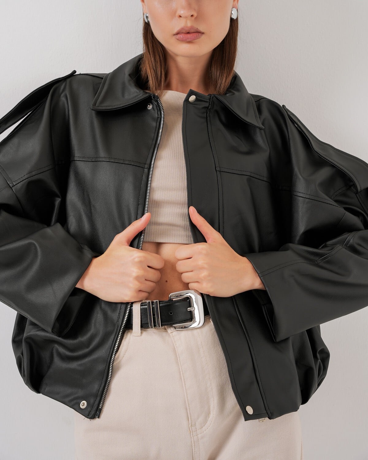 Women's Oversize Faux Leather Jacket - Black - Bigdart - by Peralane - photo 7