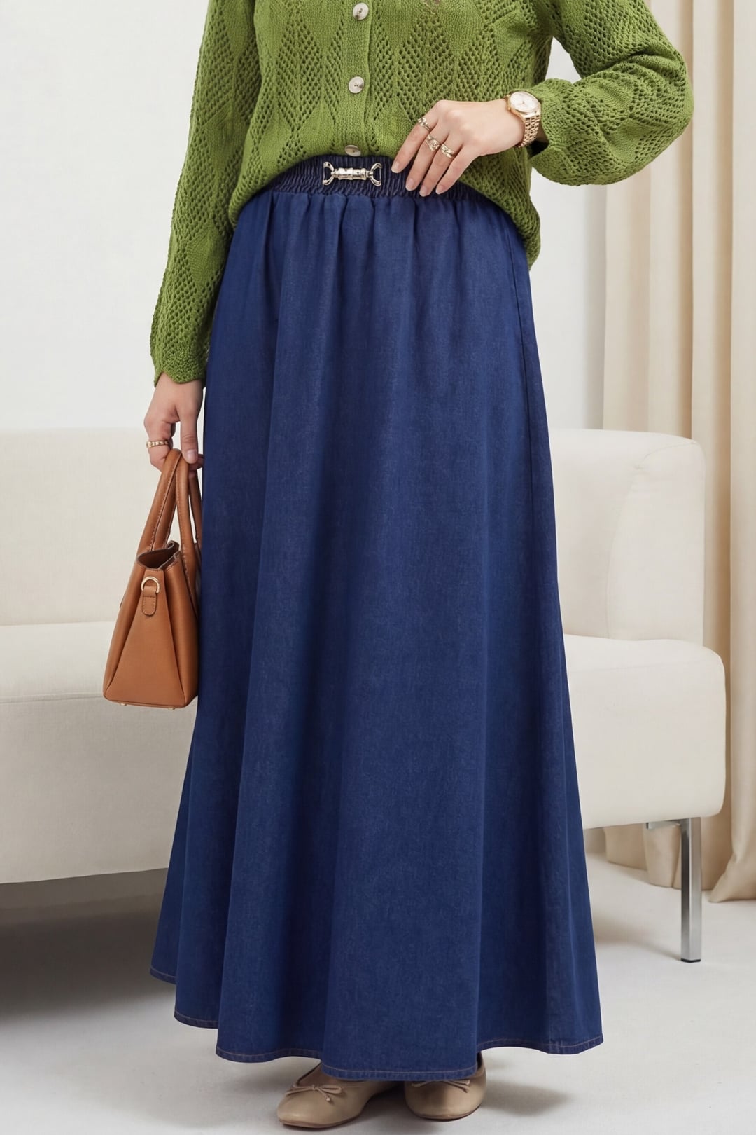 Elasticated Waist Denim Skirt with Buckle Detail - Navy - Podyumplus - by Peralane