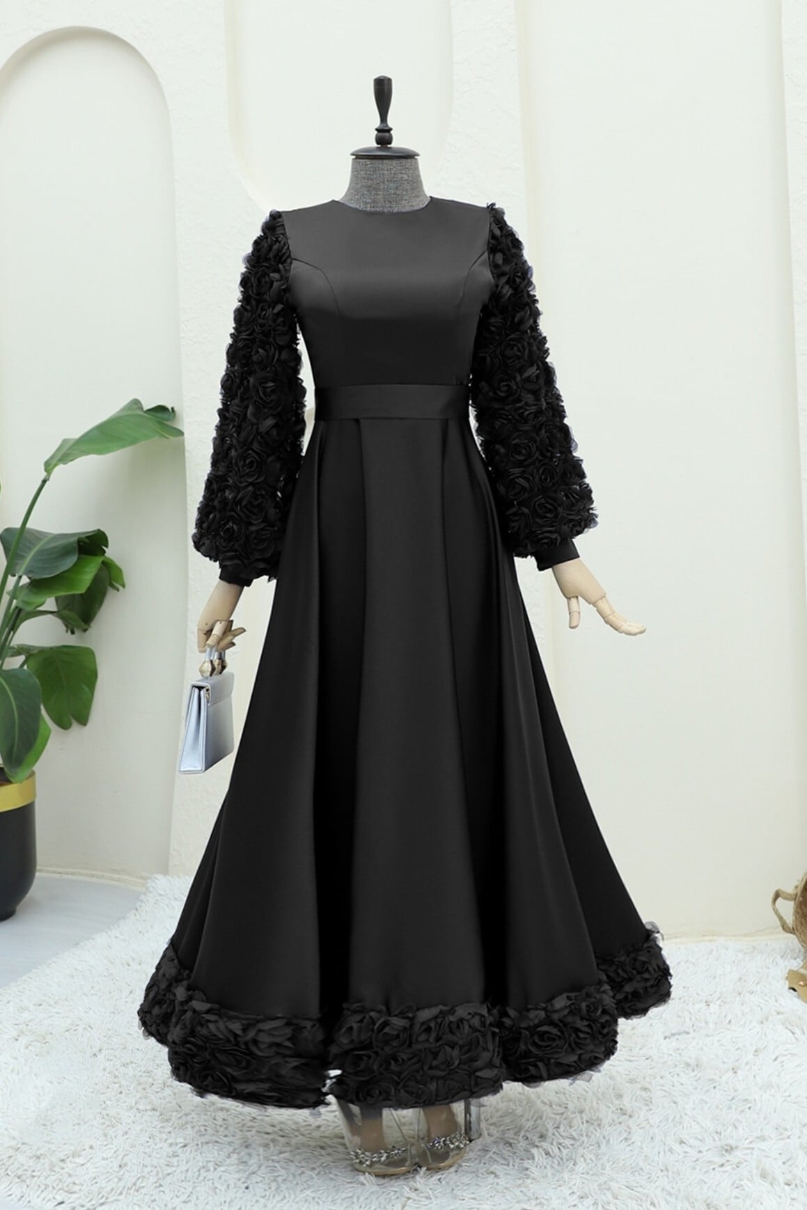 Black Satin Evening Dress with Rose Details - Podyumplus - by Peralane - photo 4