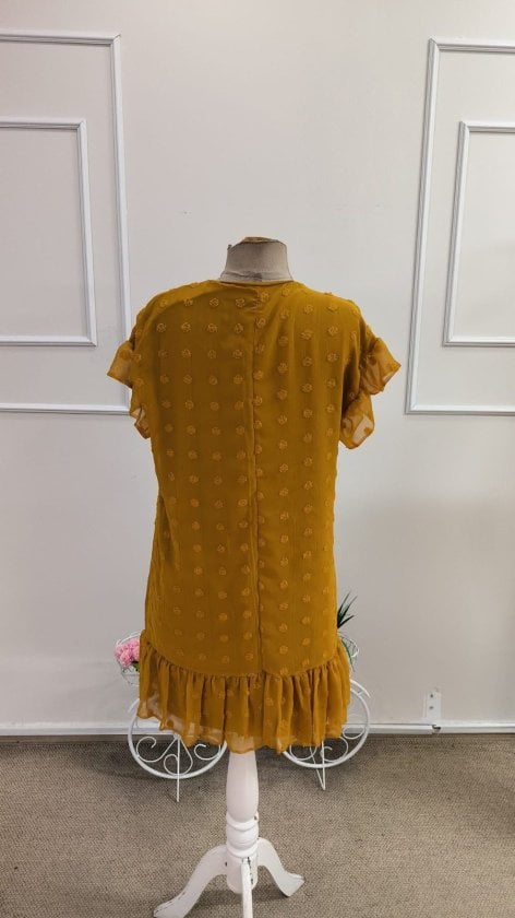 Women's Short-Sleeve V-Neck Mustard Yellow Dobby Dot Sheer Dress - Janes - by Peralane - photo 5