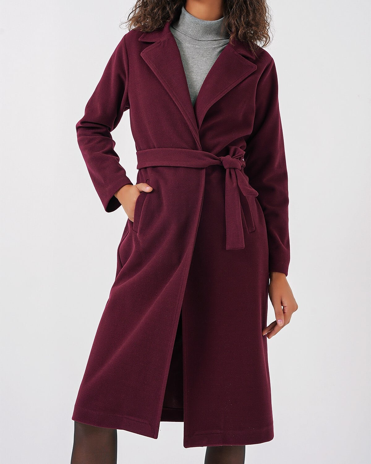 Burgundy Shawl Collar Belted Coat - Bigdart - by Peralane - photo 5