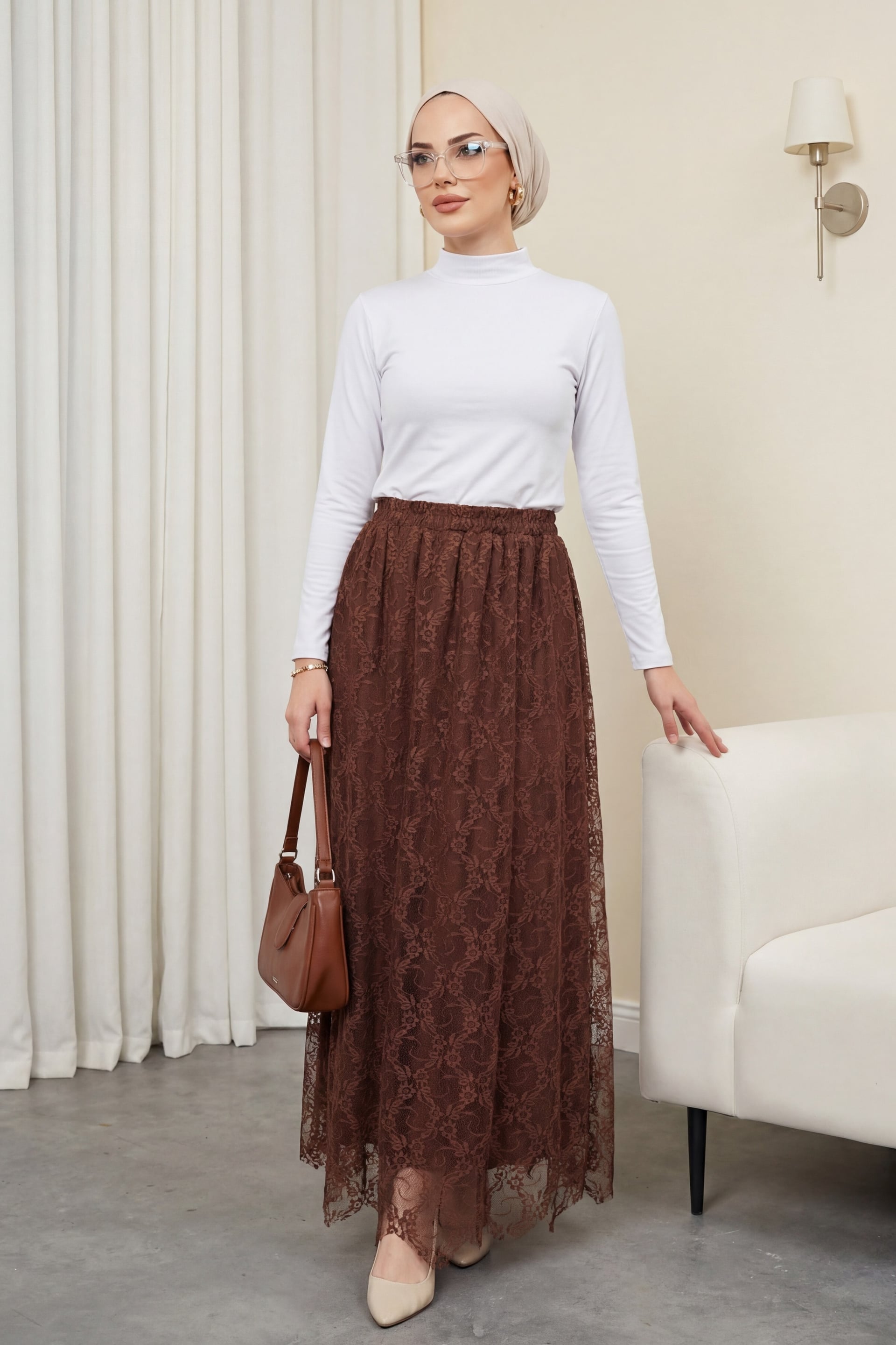 Asymmetric Cut Lined Elasticated Waist Tulle Skirt - Brown - Podyumplus - by Peralane - photo 3