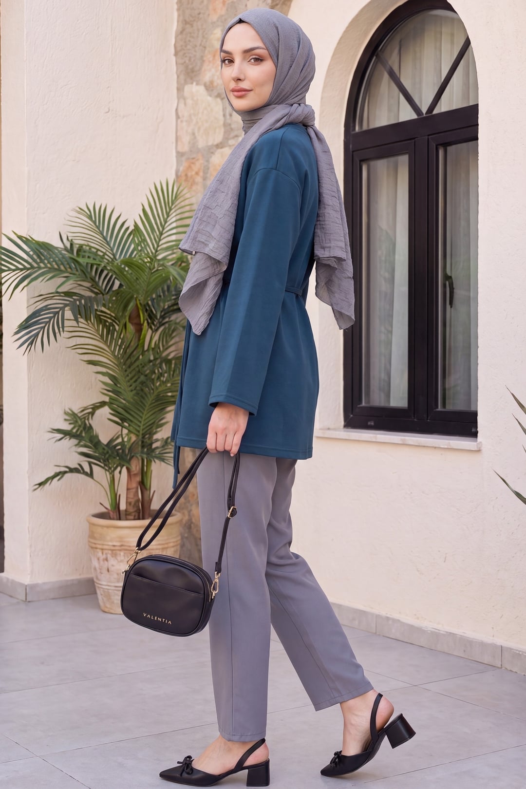 Round Neck Tie Waist Knit Tunic - Petrol - Podyumplus - by Peralane - photo 5