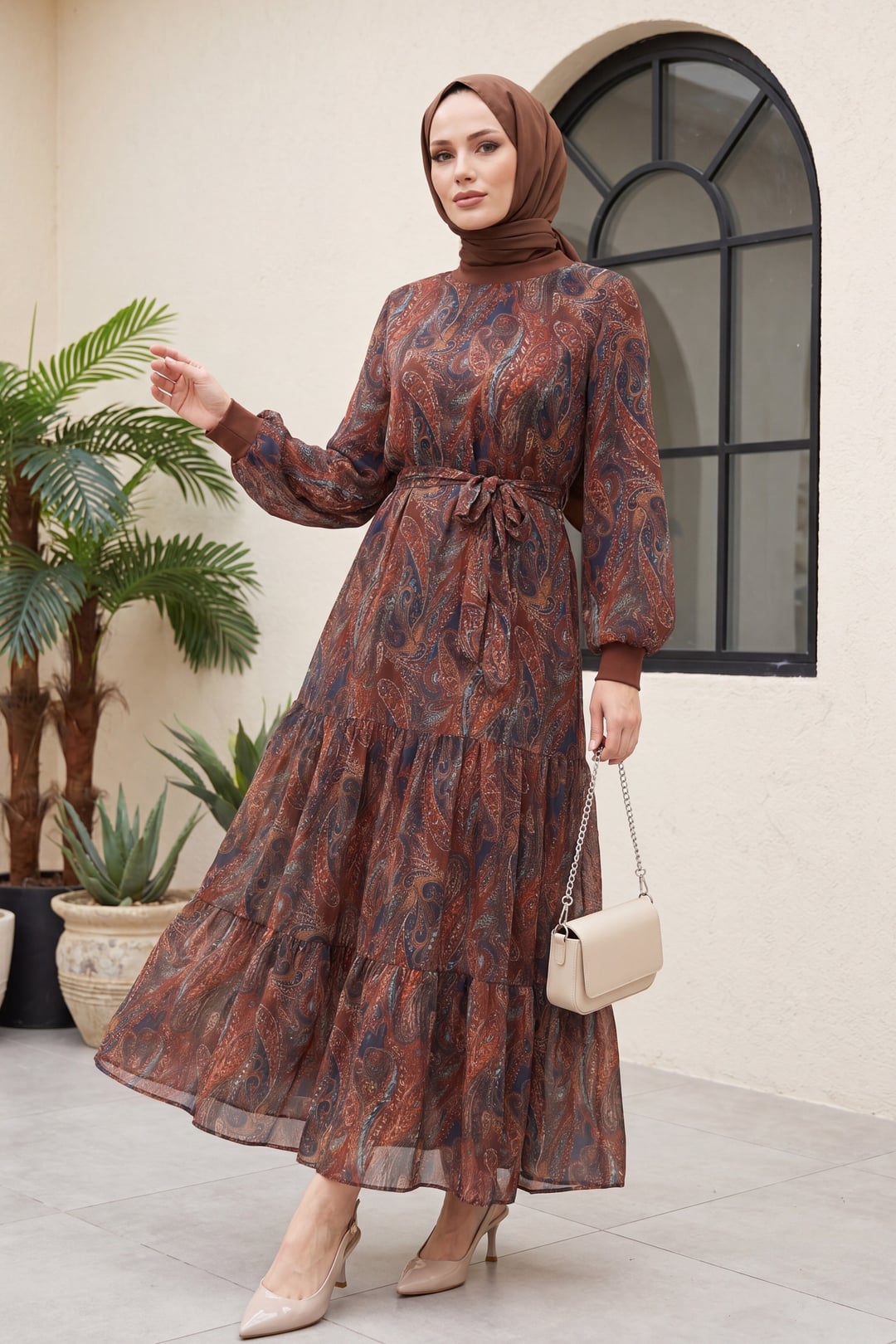 Paisley Print Tiered Chiffon Maxi Dress - Brown - Podyumplus - by Peralane - photo 3