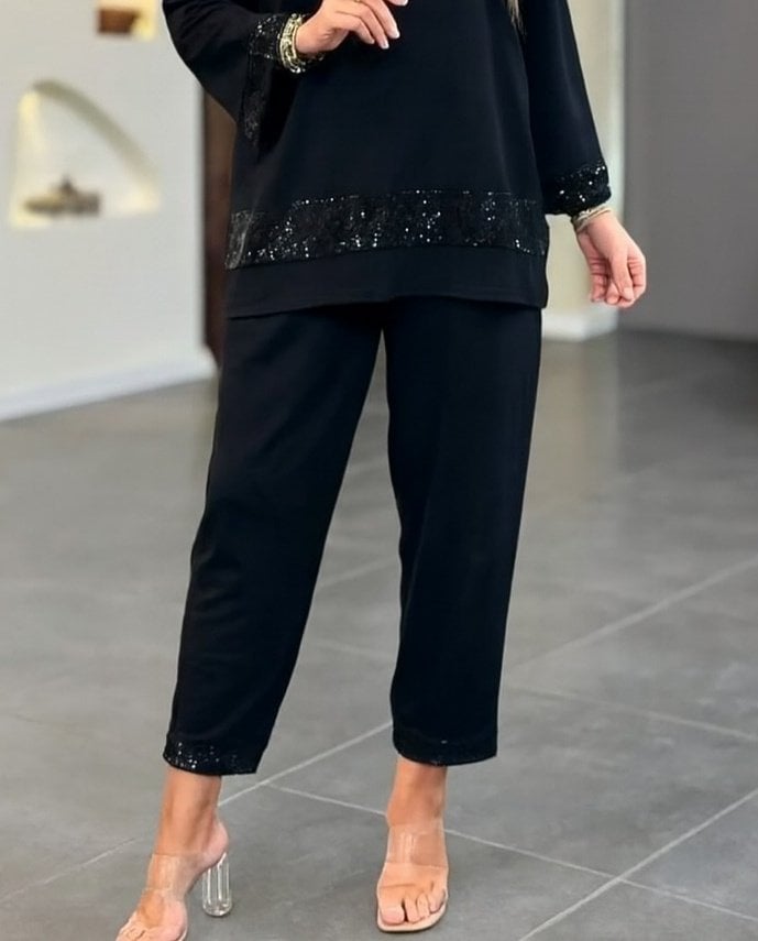 Women's Long Sleeve V-Neck Sequin Trim Viscose Two-Thread Top and Trousers Set - Janes - by Peralane - photo 3